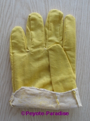 Handpalm-zijde en binnenkant van de gele handschoen (maat 10).